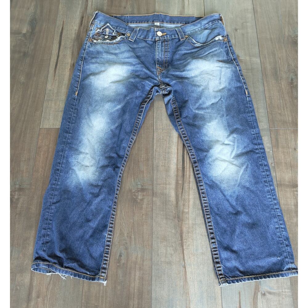 True Religion Mens Jeans 38 Slim Fit Blue Distressed Straight Leg Denim Casual